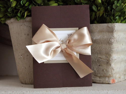 Invitation 918: Chocolate Linen, Gold Pearl, Cream Smooth, Champagne Ribbon