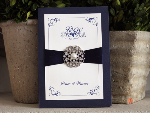 Invitation 920: Navy Pearl, Cream Smooth, Navy Ribbon, Brooch/Buckle A6