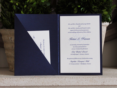 Invitation 920: Navy Pearl, Cream Smooth, Navy Ribbon, Brooch/Buckle A6