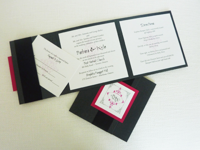 Invitation 929: Black Pearl, Azalea, White Smooth, Black Ribbon