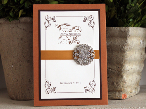 Invitation 938: Cognac, Chocolate Smooth, Cream Smooth, Gold Ribbon, Brooch/Buckle X