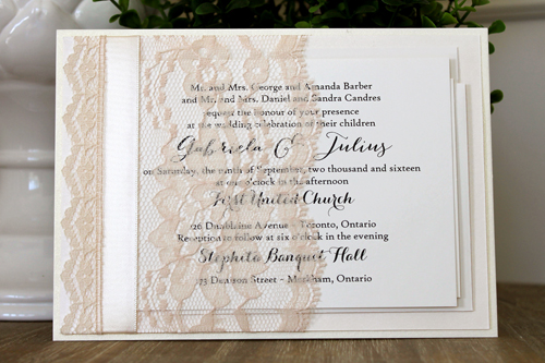 Invitation 1503: White Gold, Ivory Pearl, Cream Smooth, Cream Ribbon, Cream - Thin Lace - This invite uses a combination of our thick and thin lace as well as satin ribbon to create a pocket that holds the invitation wording detail.