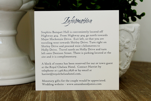 Invitation 1504: This square pocketfold invite has three layers of paper for the cover tag and a thick ribbon pinched behind the tag.  We print on cream paper and the folder is in charcoal pearl.