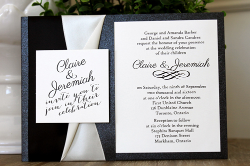 Invitation 1506: Black Pearl, Cream Smooth, Black Ribbon, Antique Ribbon - This black and ivory invite uses our black pearl paper as the back layer of the card and black and ivory ribbon on the side.
