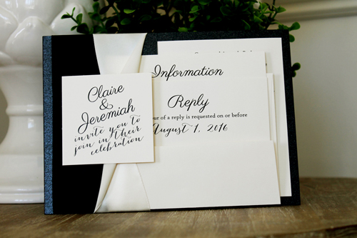 Invitation 1506: Black Pearl, Cream Smooth, Black Ribbon, Antique Ribbon - This black and ivory invite uses our black pearl paper as the back layer of the card and black and ivory ribbon on the side.