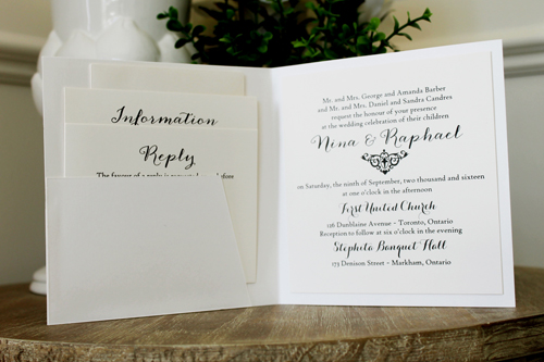 Invitation 1507: This square invite opens like a book and has a Champagne printed damask pattern on the cover.  Two antique ribbons are twisted together to create a nice thick ribbon detail.