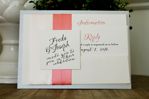 Invitation 1513: Silver Ore, Cream Smooth, Petal Pink Ribbon, Coral Ribbon, Coral Ribbon - The wording of this invite is printed on the right side and a combination of thick and thin flat ribbon is placed on the right side.