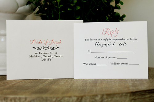 Invitation 1513: Silver Ore, Cream Smooth, Petal Pink Ribbon, Coral Ribbon, Coral Ribbon - The wording of this invite is printed on the right side and a combination of thick and thin flat ribbon is placed on the right side.