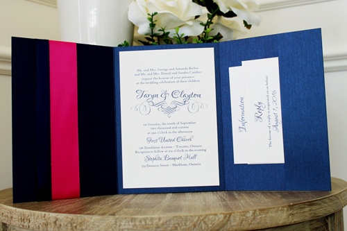 Invitation 1517: Navy Pearl, Navy Pearl, Cream Smooth, Azalea Ribbon, Navy Ribbon - This striking navy and magenta invite uses navy pearl as the folder paper and a thick azalea and thiner navy ribbon.