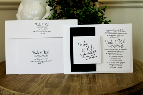 Invitation 1518: Black and white invites can look very sharp.  This invite has thick black ribbons on the side contrasted with white paper below and white tag on the black ribbon.