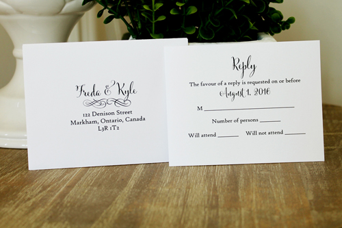 Invitation 1518: Black and white invites can look very sharp.  This invite has thick black ribbons on the side contrasted with white paper below and white tag on the black ribbon.