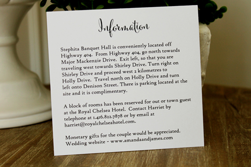 Invitation 1518: Black and white invites can look very sharp.  This invite has thick black ribbons on the side contrasted with white paper below and white tag on the black ribbon.