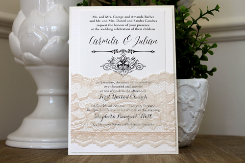 Invitation 1521: Buttermilk Pearl, Ivory Pearl, Cream Smooth, Cream - Thick Lace - This invite uses our thickest and thinest lace to create a pocket to hold the invitation wording an other insert cards.