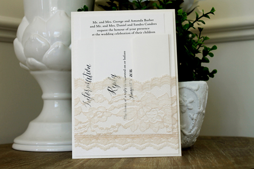 Invitation 1521: Buttermilk Pearl, Ivory Pearl, Cream Smooth, Cream - Thick Lace - This invite uses our thickest and thinest lace to create a pocket to hold the invitation wording an other insert cards.
