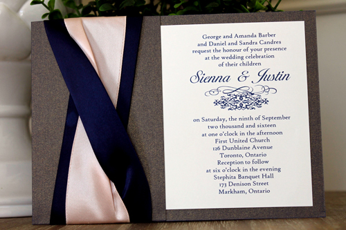 Invitation 1530: This invite incorporates a lot of ribbon detail on the card.  There are two thick navy ribbons twisted with one thick blush ribbon weaved in with the navy ribbon.