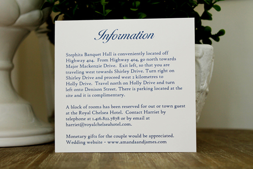 Invitation 1530: This invite incorporates a lot of ribbon detail on the card.  There are two thick navy ribbons twisted with one thick blush ribbon weaved in with the navy ribbon.