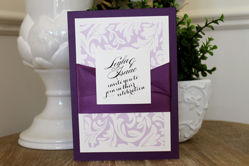 Invitation 1531: Purple Pearl, Cream Smooth, Grape Ribbon, Grape Ribbon - This folded card uses purple pearl paper and grape ribbon.  The front has a leafy graphic printed in a light watermark purple ink.