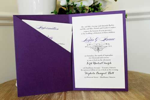Invitation 1531: Purple Pearl, Cream Smooth, Grape Ribbon, Grape Ribbon - This folded card uses purple pearl paper and grape ribbon.  The front has a leafy graphic printed in a light watermark purple ink.