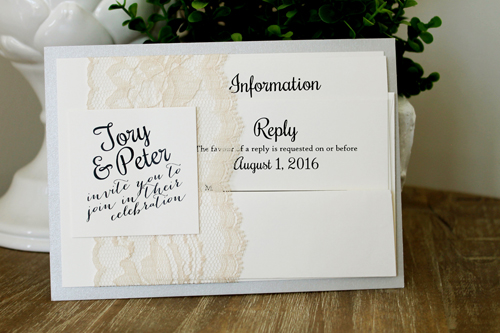 Invitation 1532: Silver Ore, Cream Smooth, Cream - Thick Lace - This layered card uses silver ore pearl paper at the back and prints on cream cardstock.  A thick lace is placed on the left side with a tag on top.