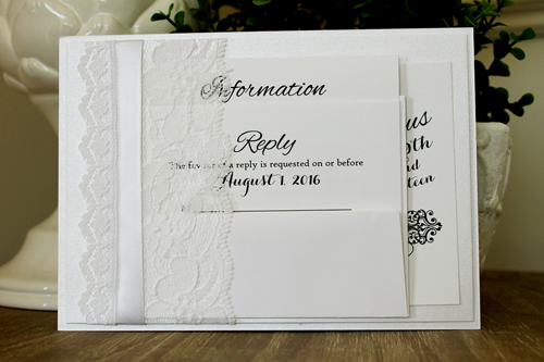 Invitation 1536: Ice Pearl, Ice Pearl, White Smooth, White Ribbon, White - Thick Lace - This is a unique vintage styled pocket invite which uses a combination of lace and ribbon to create a pocket that holds the invitation card.