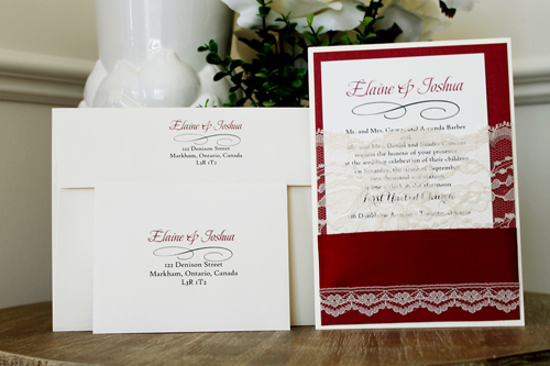 Invitation 1539: This deep red lacy invite has a nice vintage theme with bold colors,  The lace and thick satin ribbon wraps around a deep red paper creating a pocket to hold the invitation wording card.