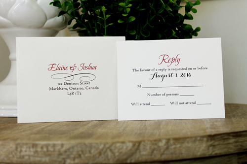 Invitation 1539: This deep red lacy invite has a nice vintage theme with bold colors,  The lace and thick satin ribbon wraps around a deep red paper creating a pocket to hold the invitation wording card.