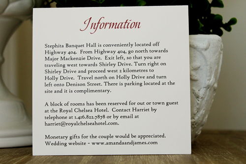 Invitation 1539: This deep red lacy invite has a nice vintage theme with bold colors,  The lace and thick satin ribbon wraps around a deep red paper creating a pocket to hold the invitation wording card.