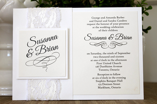 Invitation 1546: This is a classic vintage white invite.  The paper is a soft antique pearl paper, and it is paired with white lace that has an antique ribbon below the lace.