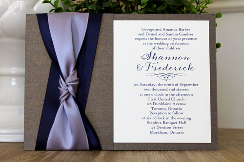 Invitation 1549: This invite uses a unique paper coloured call cobalt pearl.  It is a blue and purple toned paper with gold metallic finish.  We also used a combination of navy and lilac ribbon tied in a knot on the side.