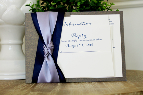 Invitation 1549: This invite uses a unique paper coloured call cobalt pearl.  It is a blue and purple toned paper with gold metallic finish.  We also used a combination of navy and lilac ribbon tied in a knot on the side.