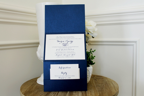 Invitation 1553: This folded invite has a very unique cover tag.  The names are printed on a square cream stock, then placed over a navy pearl layer that has a navy ribbon lining the top and bottom.  Lastly, it sits on a mango pearl paper.