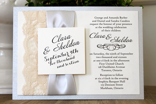 Invitation 1554: Silver Ore, Cream Smooth, Silver Ribbon, Cream Lace - This invite has the invite wording printed on the right side and the left side has lace and satin ribbon wrapped around the card.