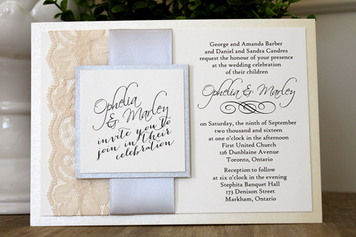 Invitation 1556: Our vintaged themed invite is printed on cream cardstock, layered with a buttermilk pearl paper.  A cream lace and a silver ribbon is on the left side of the card.