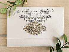 Invitation 1603: Ice Pearl, Ice Pearl, Brooch/Buckle A11, Metal Filigree F4 - Silver - This is an ice pearl pocket fold wedding invite with a combo brooch design on cover flap.
