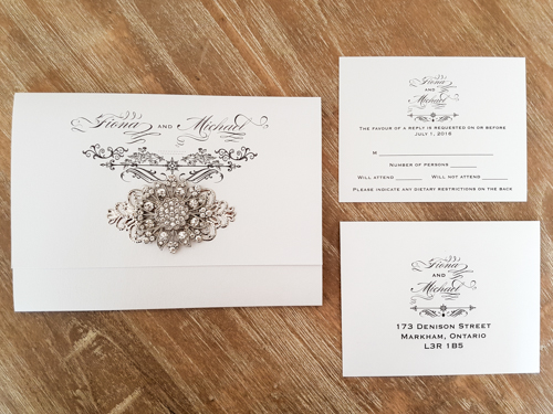 Invitation 1603: Ice Pearl, Ice Pearl, Brooch/Buckle A11, Metal Filigree F4 - Silver - This is an ice pearl pocket fold wedding invite with a combo brooch design on cover flap.