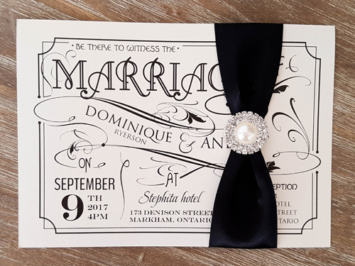 Invitation 1632: White Gold, White Gold, Black Ribbon, Brooch/Buckle G - This is a single card wedding invite in a landscape setup with a black ribbon and brooch.