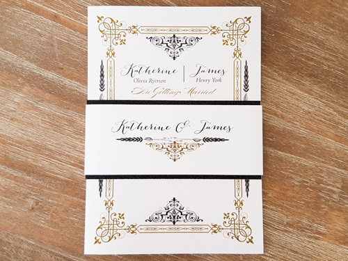 Invitation 1638: Ice Pearl, Ice Pearl - This is an ice pearl wedding invite with a black glitter layered belly band around the card.