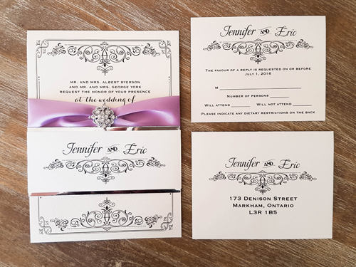 Invitation 1666: White Gold, White Gold, Lavender Ribbon, Brooch/Buckle A8 - This is a single card invite on white gold paper with a silver mirror belly band.  There is a ribbon and brooch design wrapped around.