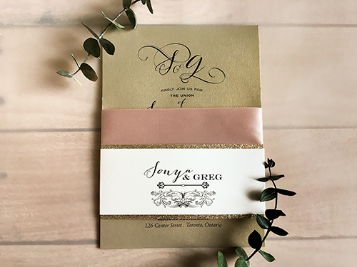 Invitation 1678: Gold Pearl, Gold Pearl, Deep Blush Ribbon - This is a single card design printed on the gold pearl paper with a layered belly band and ribbon.