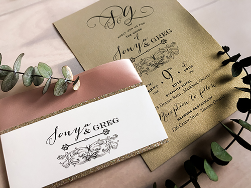 Invitation 1678: Gold Pearl, Gold Pearl, Deep Blush Ribbon - This is a single card design printed on the gold pearl paper with a layered belly band and ribbon.