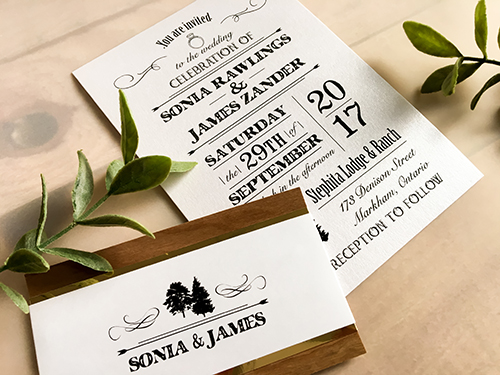 Invitation 1681: Ice Pearl, Ice Pearl - This is a single card wedding invite on the ice pearl paper with a double layered belly band that features a wood paper.