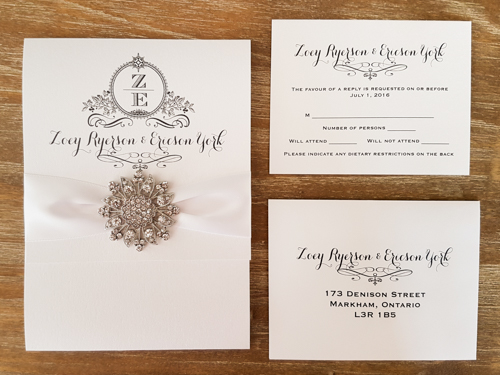 Invitation 1687: Ice Pearl, Ice Pearl, White Ribbon, Brooch/Buckle A11 - This is a 3/4 flap ice pearl wedding invite pocketfolder.  There is a white ribbon and brooch on the cover flap.