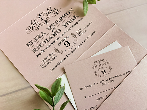 Invitation 1688: Blush Pearl, Blush Pearl, Blush Ribbon, Deep Charcoal Ribbon, Brooch/Buckle U - This is a blush pearl full flap pocketfolder wedding invite with two ribbon stripes and a heart shape brooch.