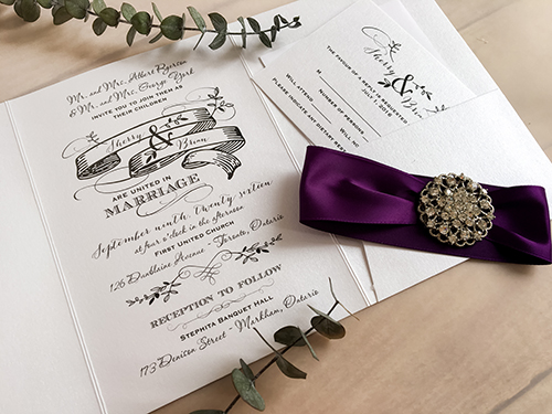 Invitation 1693: Ice Pearl, Ice Pearl, Purple Ribbon, Brooch/Buckle X - This is a full flap ice pearl pocket fold wedding invitation.  There is a ribbon and brooch design around the invite.