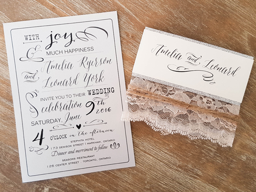 Invitation 1697: Silver Ore, Silver Ore, Cream Lace - This is a silver ore single card wedding invite with a silver glitter belly band and lace and twine.