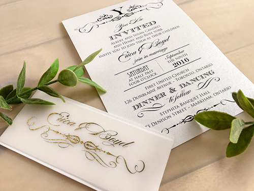 Invitation 1699: Ice Pearl, Ice Pearl - This is a single card wedding invitation printed on the ice pearl paper with a vellum belly band.