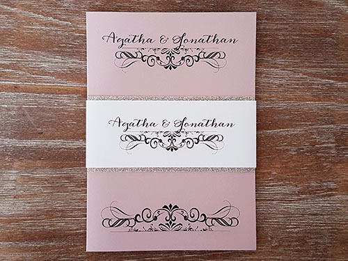 Invitation 1716: Blush Pearl, Blush Pearl - This is a blush pearl full flap wedding invitation pocketfolder design with a glitter layered belly band.