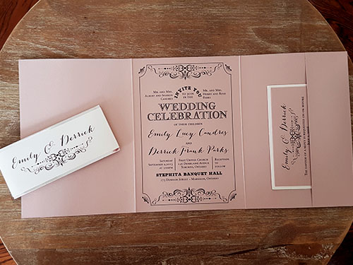 Invitation 1716: Blush Pearl, Blush Pearl - This is a blush pearl full flap wedding invitation pocketfolder design with a glitter layered belly band.