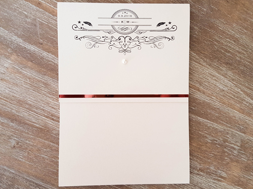 Invitation 1722: Buttermilk Pearl, Rose Gold Mirror, Buttermilk Pearl, Brooch/Buckle Pearl (Single) - This is a buttermilk pearl pocketfolder wedding invite with a rose gold mirror trim on the flap.