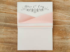 Invitation 1730: Silver Ore, Blush Pearl, Silver Ore, Deep Blush Ribbon - This is a silver ore pearl pocket folder design with a blush pearl trim on the flap.  There is a deep blush twisted ribbon.